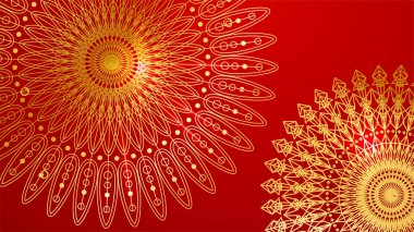 Lüks kırmızı ve mandala desenli altın kaplama. Soyut lüks kırmızı altın arka plan. Modern altın çizgi tasarım şablonu. Zarif geometrik sancak vektör illüstrasyonlu birinci sınıf altın