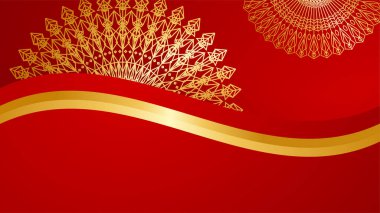 Lüks kırmızı ve mandala desenli altın kaplama. Soyut lüks kırmızı altın arka plan. Modern altın çizgi tasarım şablonu. Zarif geometrik sancak vektör illüstrasyonlu birinci sınıf altın