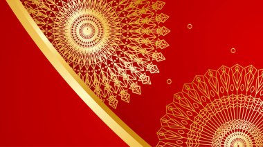 Lüks kırmızı ve mandala desenli altın kaplama. Soyut lüks kırmızı altın arka plan. Modern altın çizgi tasarım şablonu. Zarif geometrik sancak vektör illüstrasyonlu birinci sınıf altın