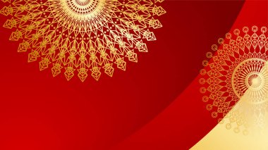 Lüks kırmızı ve mandala desenli altın kaplama. Soyut lüks kırmızı altın arka plan. Modern altın çizgi tasarım şablonu. Zarif geometrik sancak vektör illüstrasyonlu birinci sınıf altın