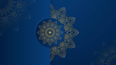 Lüks altın mandala düğün davetiyesi, soyut desenli. Mandala desenli soyut mavi ve altın arkaplan