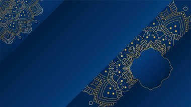 Mandala Arap mavisi İslami tasarım arka planı. Fener, ay, İslami desen, cami ve soyut lüks İslami unsurlara sahip evrensel ramazan kareem afişi