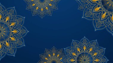 Lüks altın mandala düğün davetiyesi, soyut desenli. Mandala desenli soyut mavi ve altın arkaplan