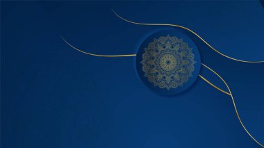 Mandala Arap mavisi İslami tasarım arka planı. Fener, ay, İslami desen, cami ve soyut lüks İslami unsurlara sahip evrensel ramazan kareem afişi