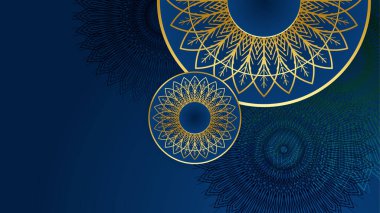 Arap mandala desenli lüks mavi ve altın bir arka plan. Lüks, soyut mandala arka planı, altın desenli Arap İslami Tasarımı.