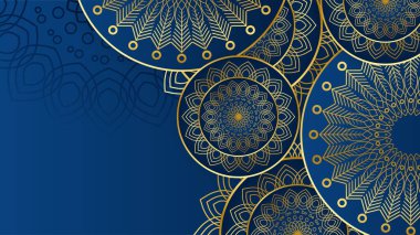 Arap mandala desenli lüks mavi ve altın bir arka plan. Lüks, soyut mandala arka planı, altın desenli Arap İslami Tasarımı.