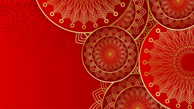 Sanat süsü mandala çerçeveli arka plan için lüks altın ve kırmızı desenli dekorasyon