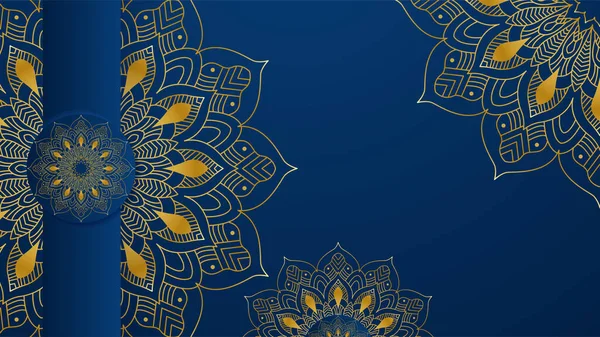 Mandala Arap mavisi İslami tasarım arka planı. Fener, ay, İslami desen, cami ve soyut lüks İslami unsurlara sahip evrensel ramazan kareem afişi