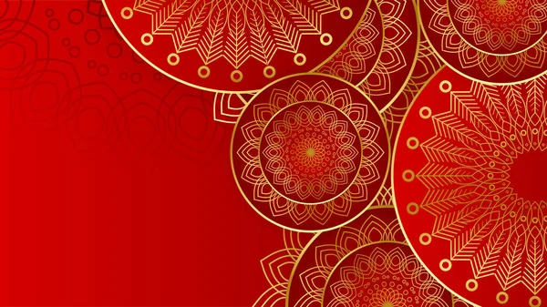 アートの装飾のヴィンテージのマンダラフレームとの背景のための贅沢な金および赤いパターンの装飾の設計 — ストックベクタ