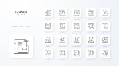 Siyah ana hatlı iş simgesi koleksiyonu. İş, sembol, set, ağ, iletişim, yönetim, insanlar. Vektör illüstrasyonu