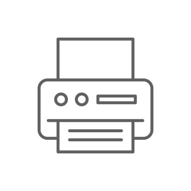 Siyah ana hatlı matbaa simgesi. Kağıt, teknoloji, makine, iş, çıktı, bilgisayar, ekipman. Vektör illüstrasyonu