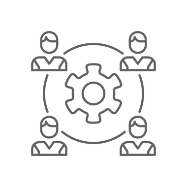 Takım Yönetimi çalışma ikonu, siyah taslak stili. Takım çalışması, insan, ortaklık, set, iş, organizasyon, strateji. Vektör illüstrasyonu