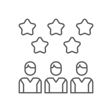 Derecelendirme ekibi çalışma simgesi siyah hatlı. hız, geri bildirim, yıldız, pozitif, servis, müşteri, araştırma. Vektör illüstrasyonu