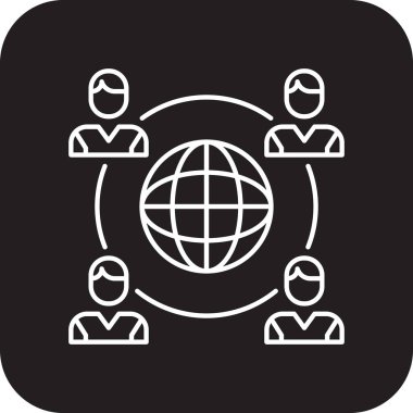 Küresel Takım çalışma ikonu, siyah doldurulmuş çizgi tarzında. İnsanlar, dünya, iletişim, takım çalışması, dünya, internet, ağ. Vektör illüstrasyonu