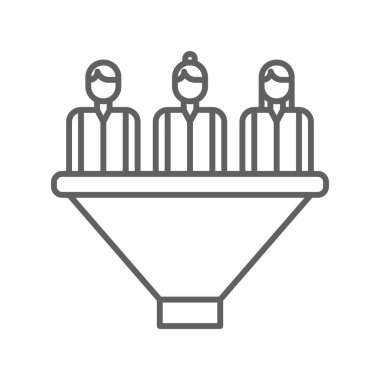 Huni pazarlama insanları simgesi ve siyah taslak tarzı. Strateji, dönüşüm, satış, süreç, sosyal, müşteri, hedef. Vektör illüstrasyonu