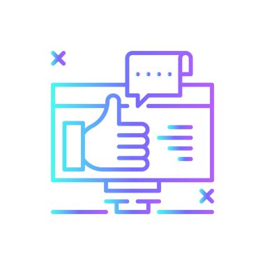 Geribildirim Pazarlama insanları mavi duoton tarzında simgeleşirler. Reyting, online, iletişim, mesaj, yorum, eleştiri, görüş. Vektör illüstrasyonu