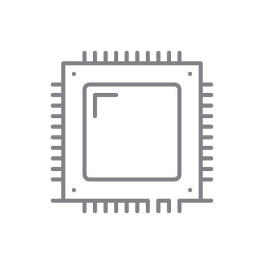 Elektronik çip teknolojisi simgesi, siyah ana hatlı. Teknoloji, dijital, ağ, işlemci, sistem, bilim, mikroçip. Vektör illüstrasyonu