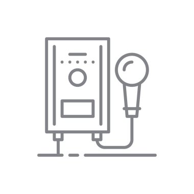 Su ısıtıcısı teknolojisi simgesi, siyah ana hatlı. Elektrik, gaz, ekipman, sıcak, depo, enerji, ısı. Vektör illüstrasyonu