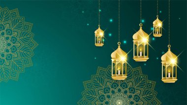 Arap süsleme desenli ve lüks mandala fener dekoratifli İslam ramazanı arkaplanı. İslam tebrik kartı, bayram şablonu, hac, davetiye, kutlama, prim çerçevesi ve cami için tasarlandı.