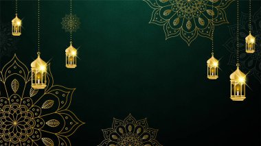 Arap süsleme desenli ve lüks mandala fener dekoratifli İslam ramazanı arkaplanı. İslam tebrik kartı, bayram şablonu, hac, davetiye, kutlama, prim çerçevesi ve cami için tasarlandı.