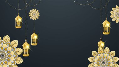 Arap süsleme desenli ve lüks mandala fener dekoratifli İslam ramazanı arkaplanı. İslam tebrik kartı, bayram şablonu, hac, davetiye, kutlama, prim çerçevesi ve cami için tasarlandı.