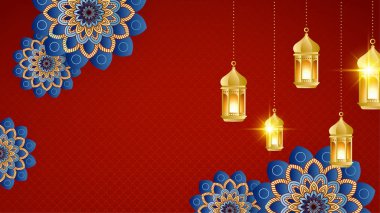 Arap süsleme desenli ve lüks mandala fener dekoratifli İslam ramazanı arkaplanı. İslam tebrik kartı, bayram şablonu, hac, davetiye, kutlama, prim çerçevesi ve cami için tasarlandı.