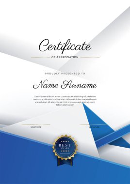 Mavi modern zarif sertifika şablonu tasarımı. Altın rozetli ve sınır çizgili ödül başarı şablonu