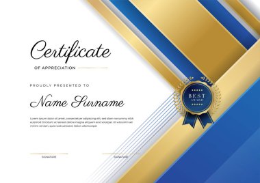 Mavi modern zarif sertifika şablonu tasarımı. Altın rozetli ve sınır çizgili ödül başarı şablonu