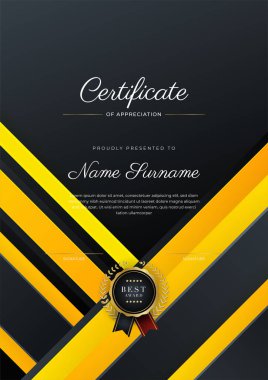 Siyah sarı turuncu modern zarif sertifika tasarımı. Altın rozetli ve sınır çizgili ödül başarı şablonu