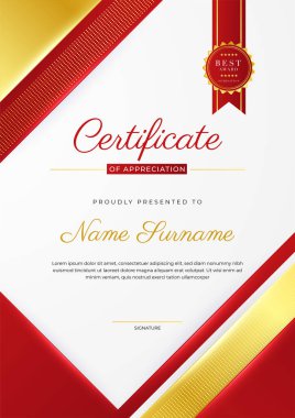 Kırmızı turuncu siyah modern zarif sertifika tasarımı. Altın rozetli ve sınır çizgili ödül başarı şablonu