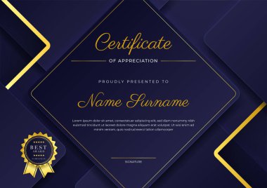 Mavi modern zarif sertifika şablonu tasarımı. Altın rozetli ve sınır çizgili ödül başarı şablonu