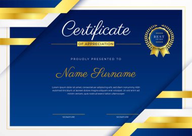 Mavi modern zarif sertifika şablonu tasarımı. Altın rozetli ve sınır çizgili ödül başarı şablonu