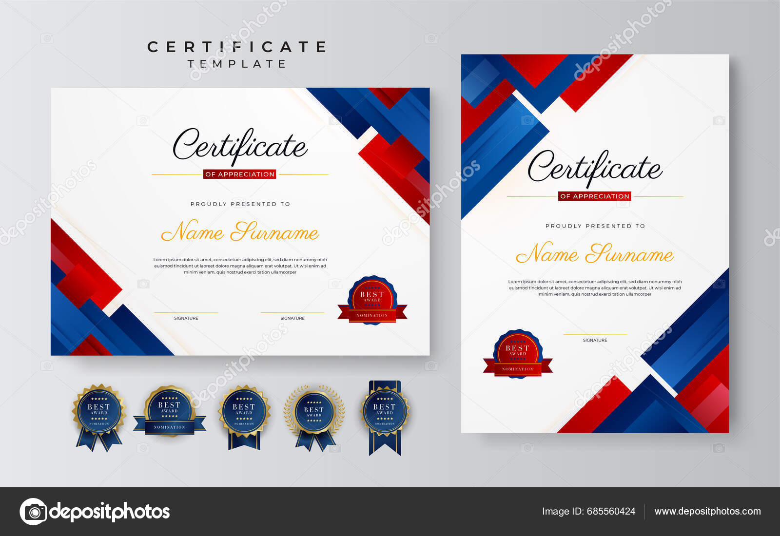Blue Red Gold Certificate Achievement Template Gold Badge Border Stock ...