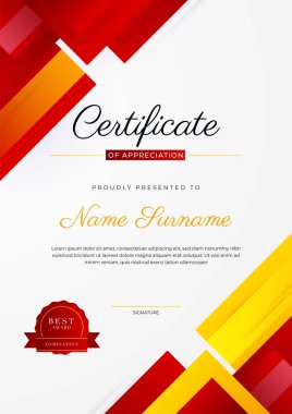 Kırmızı turuncu siyah modern zarif sertifika tasarımı. Altın rozetli ve sınır çizgili ödül başarı şablonu
