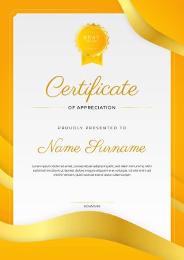 Mavi modern zarif sertifika şablonu tasarımı. Altın rozetli ve sınır çizgili ödül başarı şablonu