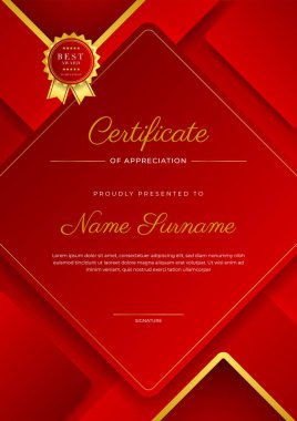 Kırmızı turuncu siyah modern zarif sertifika tasarımı. Altın rozetli ve sınır çizgili ödül başarı şablonu