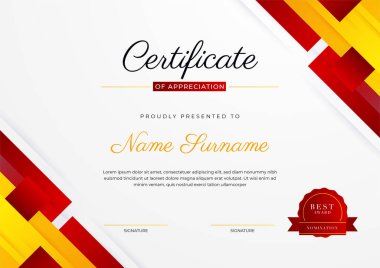 Kırmızı turuncu siyah modern zarif sertifika tasarımı. Altın rozetli ve sınır çizgili ödül başarı şablonu
