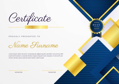 Mavi modern zarif sertifika şablonu tasarımı. Altın rozetli ve sınır çizgili ödül başarı şablonu