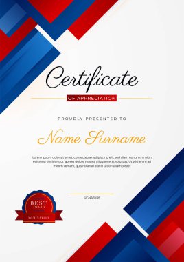 Mavi modern zarif sertifika şablonu tasarımı. Altın rozetli ve sınır çizgili ödül başarı şablonu