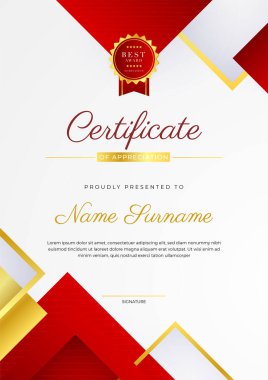 Kırmızı turuncu siyah modern zarif sertifika tasarımı. Altın rozetli ve sınır çizgili ödül başarı şablonu