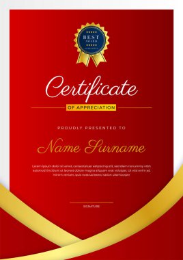 Kırmızı turuncu siyah modern zarif sertifika tasarımı. Altın rozetli ve sınır çizgili ödül başarı şablonu