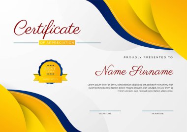 Mavi modern zarif sertifika şablonu tasarımı. Altın rozetli ve sınır çizgili ödül başarı şablonu