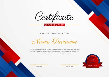 Mavi modern zarif sertifika şablonu tasarımı. Altın rozetli ve sınır çizgili ödül başarı şablonu