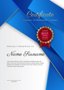 Mavi modern zarif sertifika şablonu tasarımı. Altın rozetli ve sınır çizgili ödül başarı şablonu
