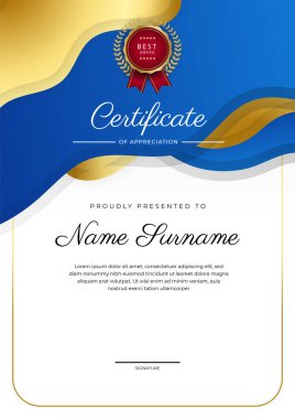 Mavi modern zarif sertifika şablonu tasarımı. Altın rozetli ve sınır çizgili ödül başarı şablonu