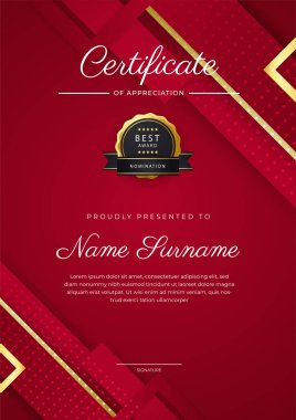 Kırmızı modern zarif sertifika şablonu tasarımı. Altın rozetli ve sınır çizgili ödül başarı şablonu