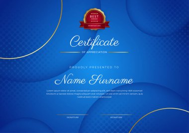 Mavi modern zarif sertifika şablonu tasarımı. Altın rozetli ve sınır çizgili ödül başarı şablonu