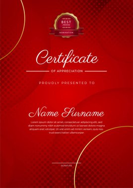 Kırmızı modern zarif sertifika şablonu tasarımı. Altın rozetli ve sınır çizgili ödül başarı şablonu