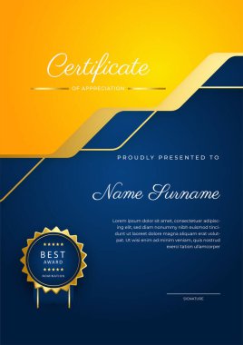 Mavi modern zarif sertifika şablonu tasarımı. Altın rozetli ve sınır çizgili ödül başarı şablonu