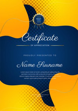 Mavi modern zarif sertifika şablonu tasarımı. Altın rozetli ve sınır çizgili ödül başarı şablonu